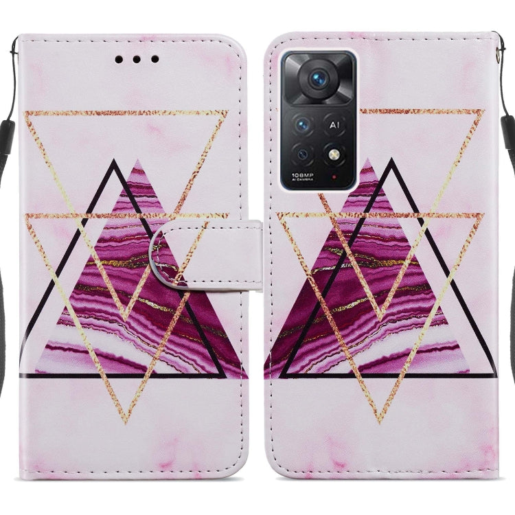 Flip leather phone case with pink geometric triangle and gold chain stripe design