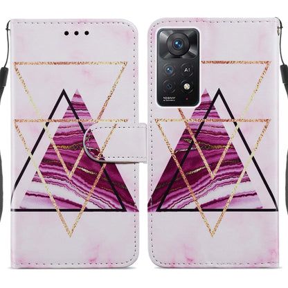 Flip leather phone case with pink geometric triangle and gold chain stripe design