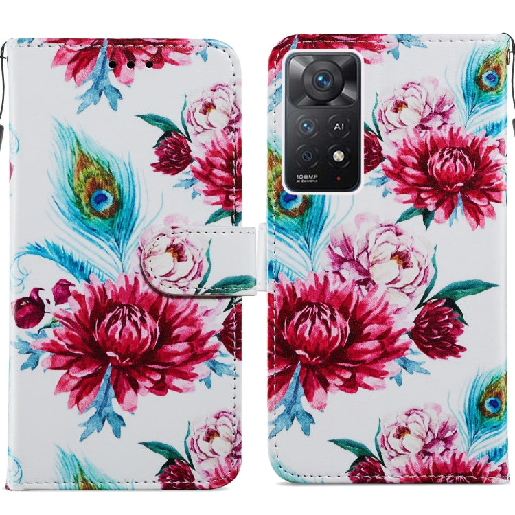 Flip leather phone case with peony and blue peacock feather floral pattern