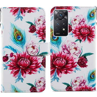 Flip leather phone case with peony and blue peacock feather floral pattern