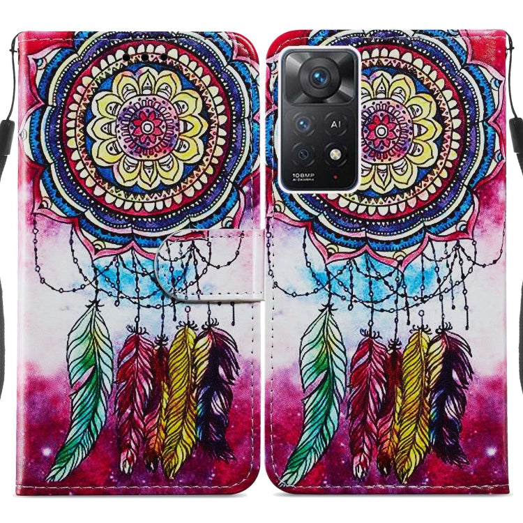 Flip leather phone case with dreamcatcher mandala and multicolor feathers print