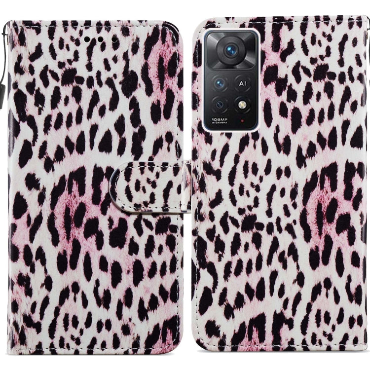 Flip leather phone case with leopard print in white, pink, and dark spots