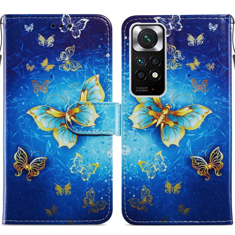 Flip leather phone case with blue butterfly pattern and gold accents