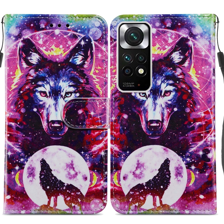 Flip leather phone case with galaxy wolf graphic and starry nebula background