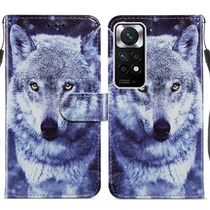 Flip leather phone case with blue-gray wolf face artwork and starry accents