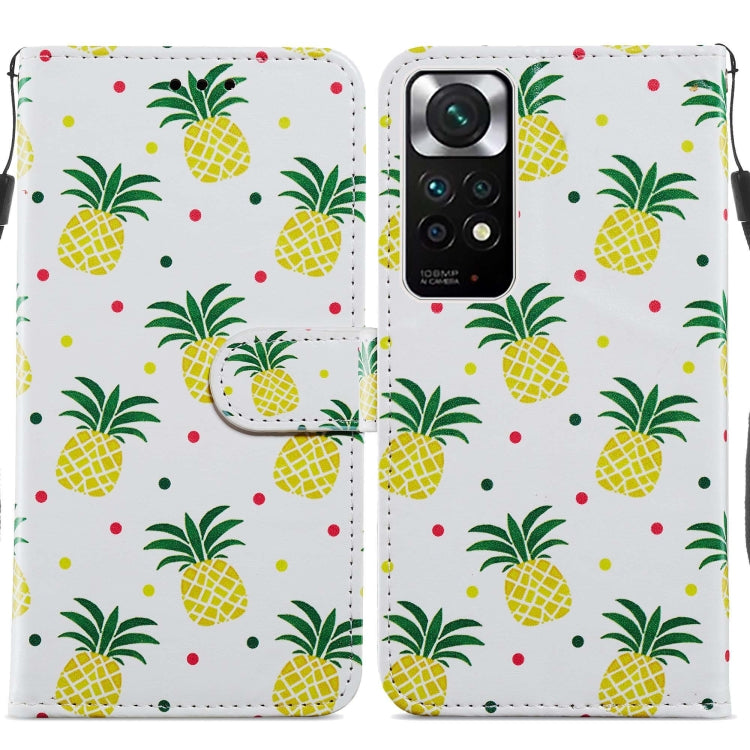 Flip leather phone case with pineapple pattern and green leaf motifs on white