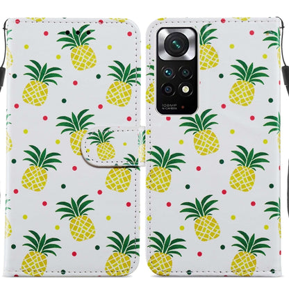 Flip leather phone case with pineapple pattern and green leaf motifs on white