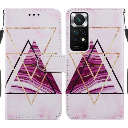 Flip leather phone case with geometric triangle pattern in pink, purple, and black