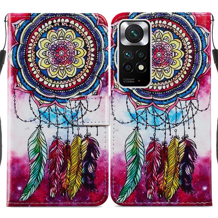 Flip leather phone case with dreamcatcher-style feathers and mandala pattern in multicolor