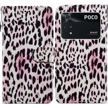 Flip leather phone case with leopard print pattern in black and pink tones