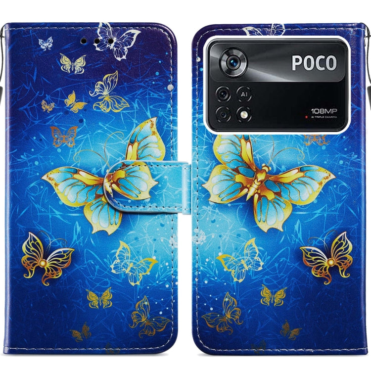 Flip leather phone case with blue butterfly pattern and gold accents