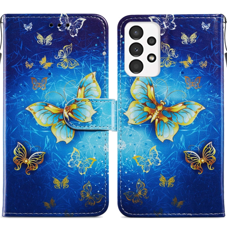 Flip leather phone case with blue butterfly pattern and gold accents, front and back view