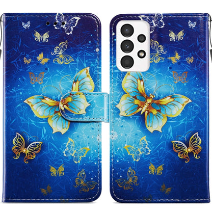 Flip leather phone case with blue butterfly pattern and gold accents, front and back view