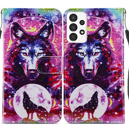 Flip leather phone case with wolf face galaxy print in purple, pink, and blue