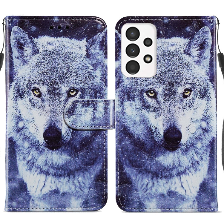 Leather flip phone case with blue wolf illustration and front magnetic clasp