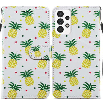 Leather flip phone case with white pineapple pattern and front magnetic clasp