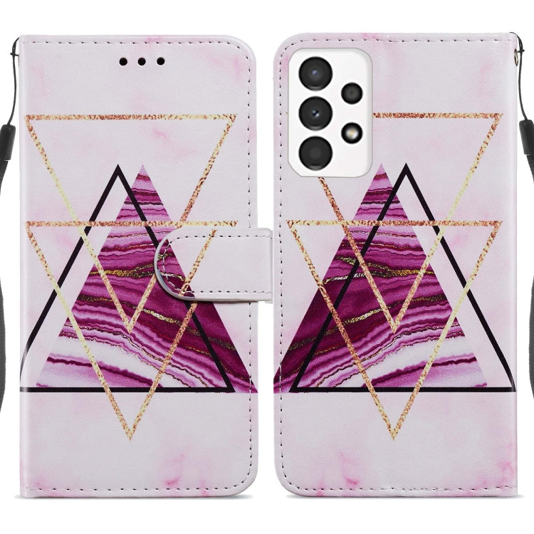 Leather flip phone case with pink geometric triangle design and front magnetic clasp