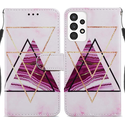 Leather flip phone case with pink geometric triangle design and front magnetic clasp