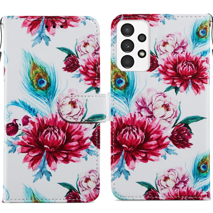Leather flip phone case with colorful peony floral print and front magnetic clasp
