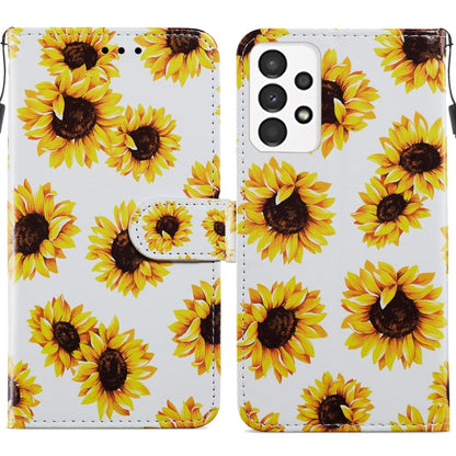 Leather flip phone case with bright sunflower print and front magnetic clasp