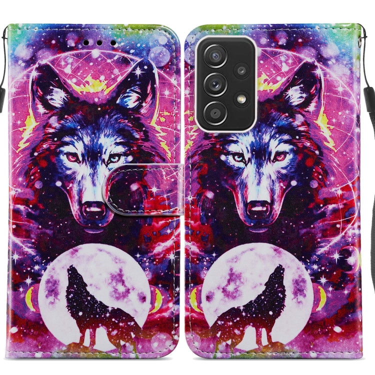 Leather flip phone case with galaxy wolf artwork and front magnetic clasp