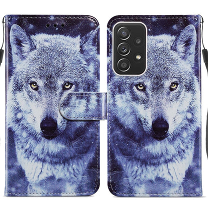 Wolf print leather wallet flip phone case with magnetic clasp and card slots, dark blue.
