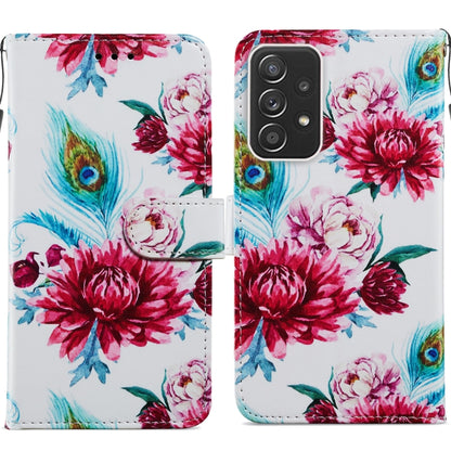 Floral peony print leather wallet flip phone case with magnetic clasp and card slots, white.