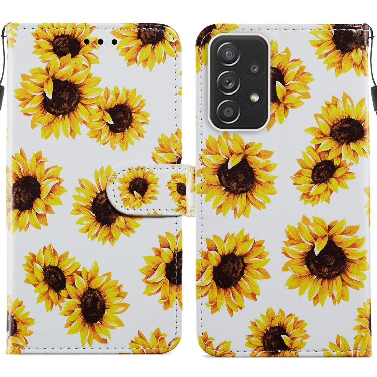 Sunflower print leather wallet flip phone case with magnetic clasp and card slots, white background.