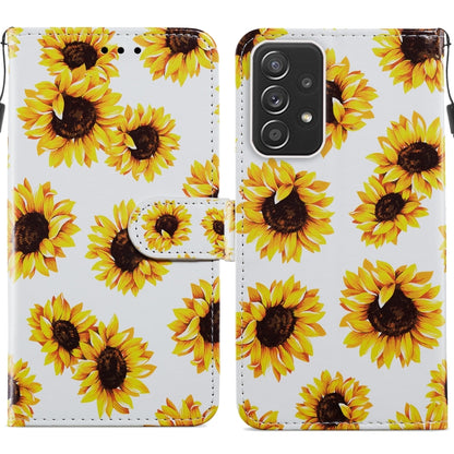 Sunflower print leather wallet flip phone case with magnetic clasp and card slots, white background.