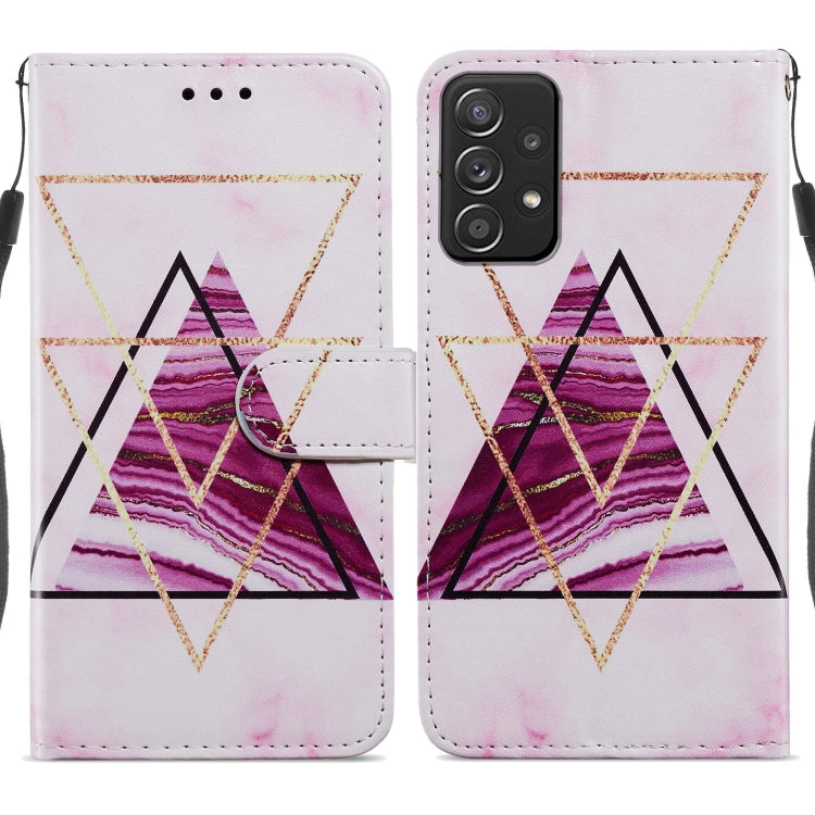 Pink geometric triangle flip phone case with magnetic clasp and camera cutout.