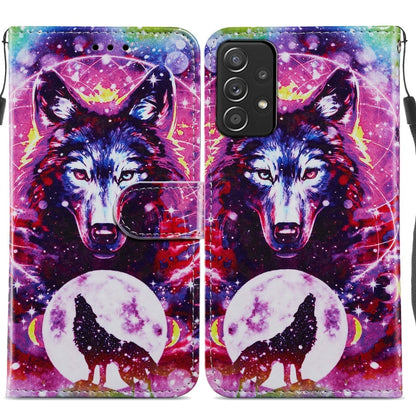 Purple cosmic wolf print flip phone case with magnetic clasp and camera cutout.