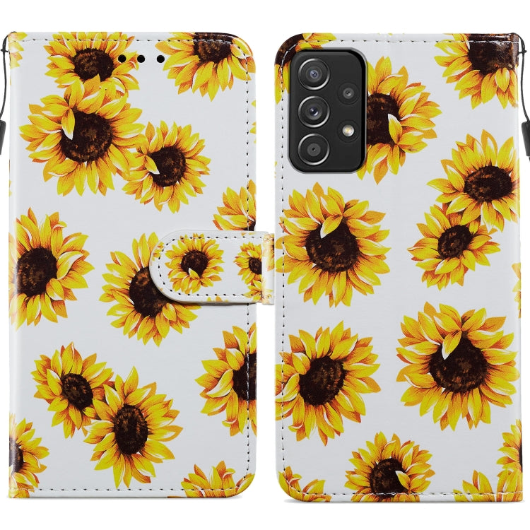 Flip leather phone case with bright sunflower pattern on white, magnetic clasp