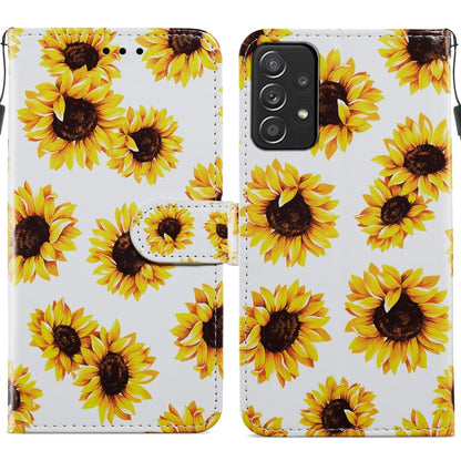 Flip leather phone case with bright sunflower pattern on white, magnetic clasp