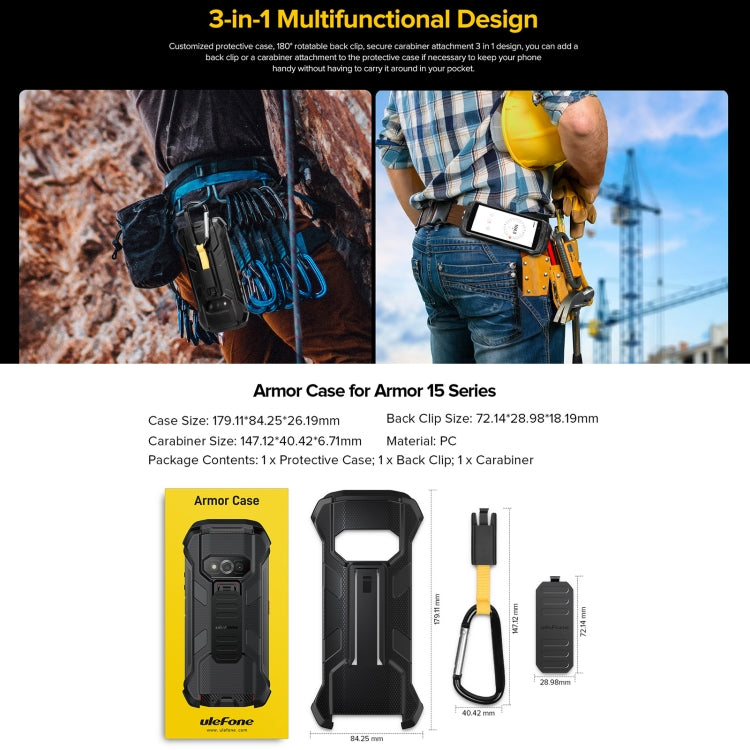 Black rugged phone case with carabiner clip and protective shell cutouts