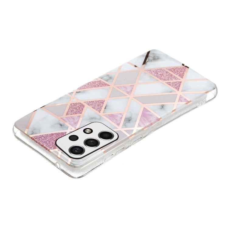 Pink and white rhombus TPU phone case with marble pattern, rear camera cutouts