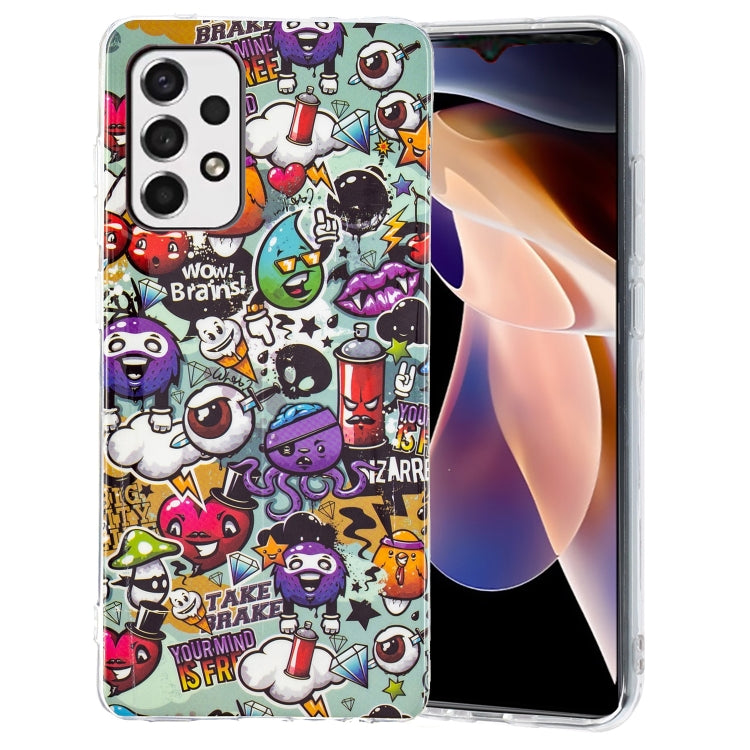 Luminous TPU phone case with colorful cartoon graffiti characters collage and clear edges