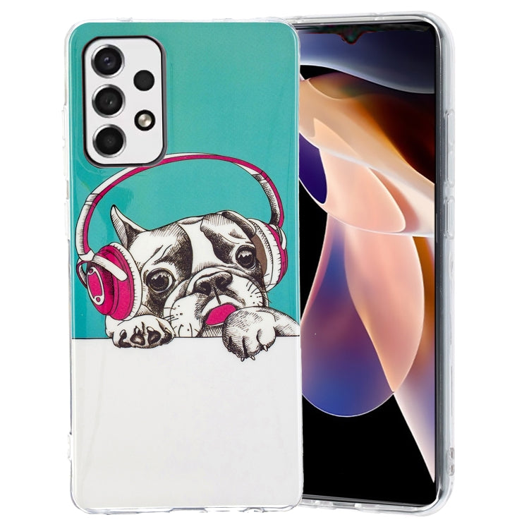 Luminous TPU phone case with dog wearing headphones print on teal and white background