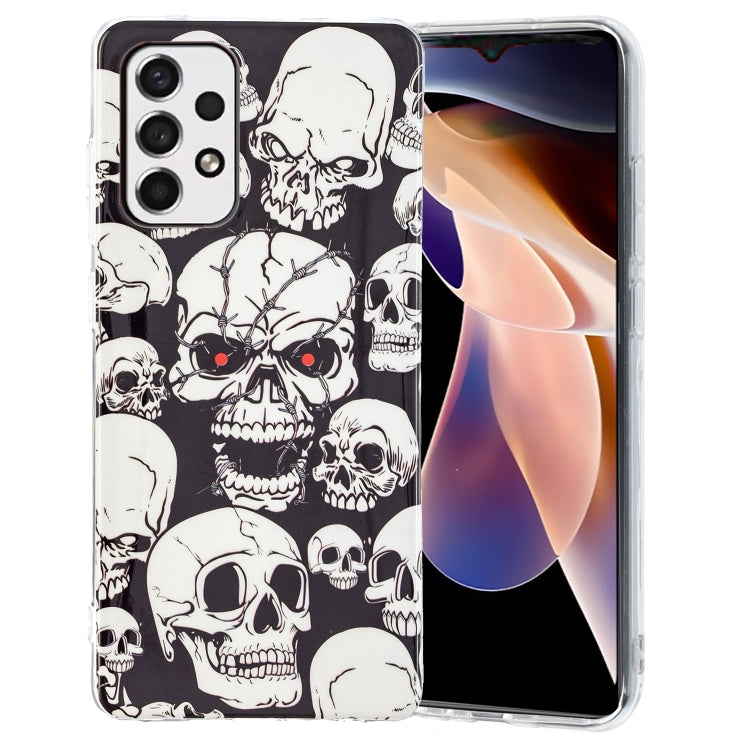 Luminous TPU phone case with black-and-white skull pattern, raised clear camera border