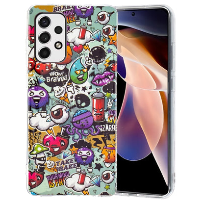 Luminous TPU phone case with comic graffiti monsters collage, camera cutouts and clear frame