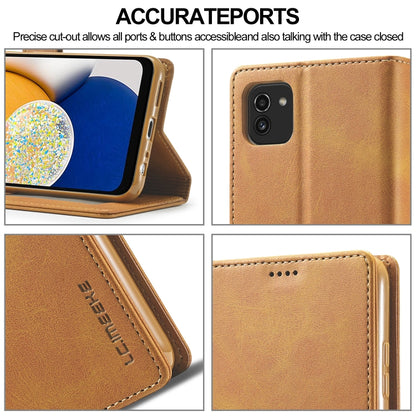 Brown leather phone wallet case with cutouts for camera and buttons, folio design.
