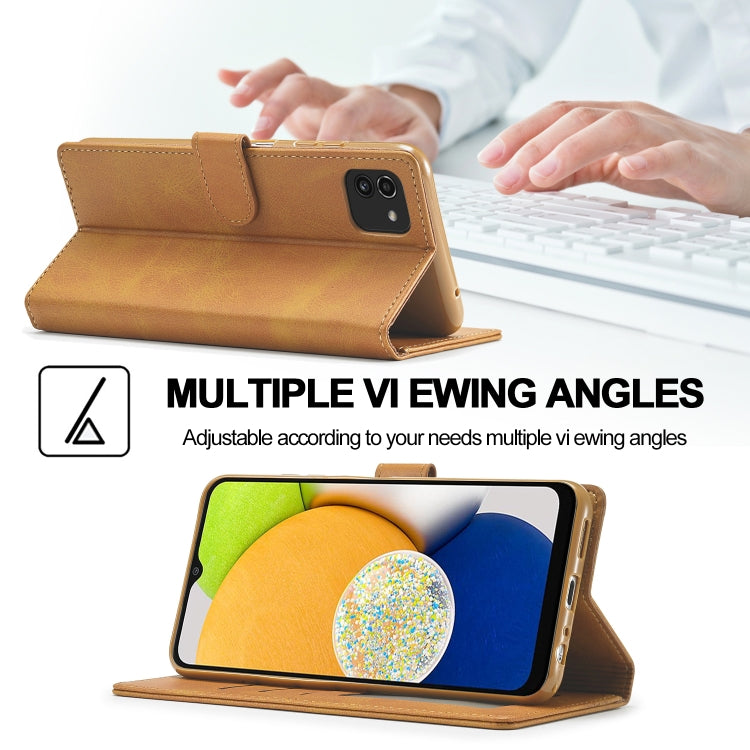 Tan leather folio phone case with stand angle, front flap and camera cutout.