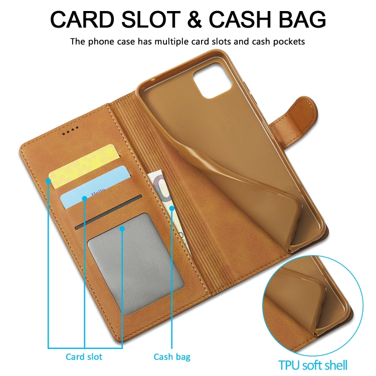 Leather phone wallet case with multiple card slots and cash pocket, tan folio view.