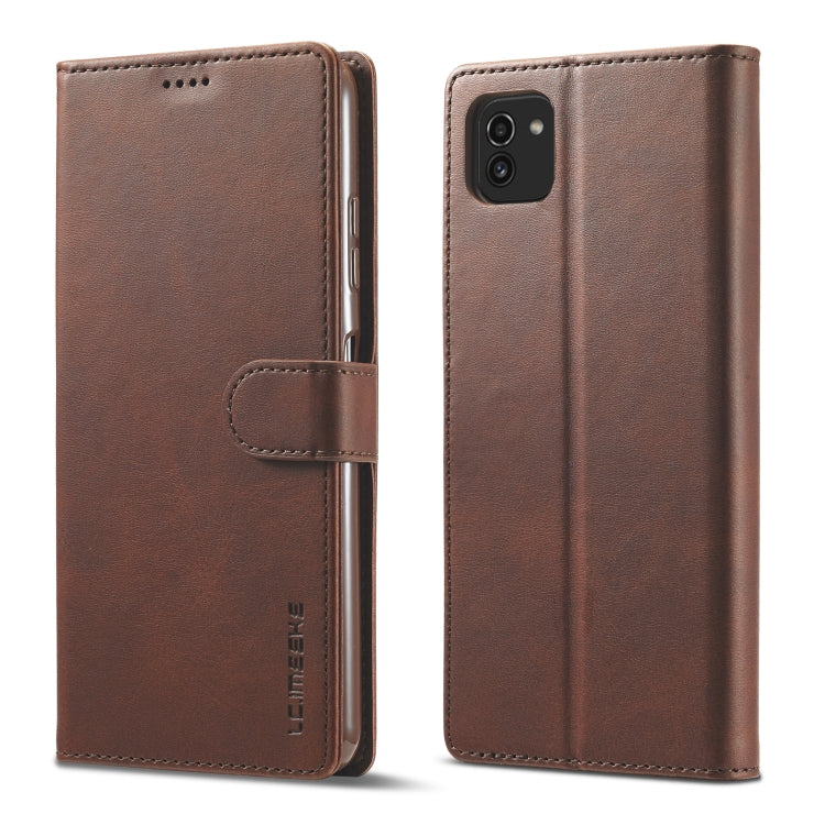 Brown leather flip phone case with magnetic strap and camera opening, side view.