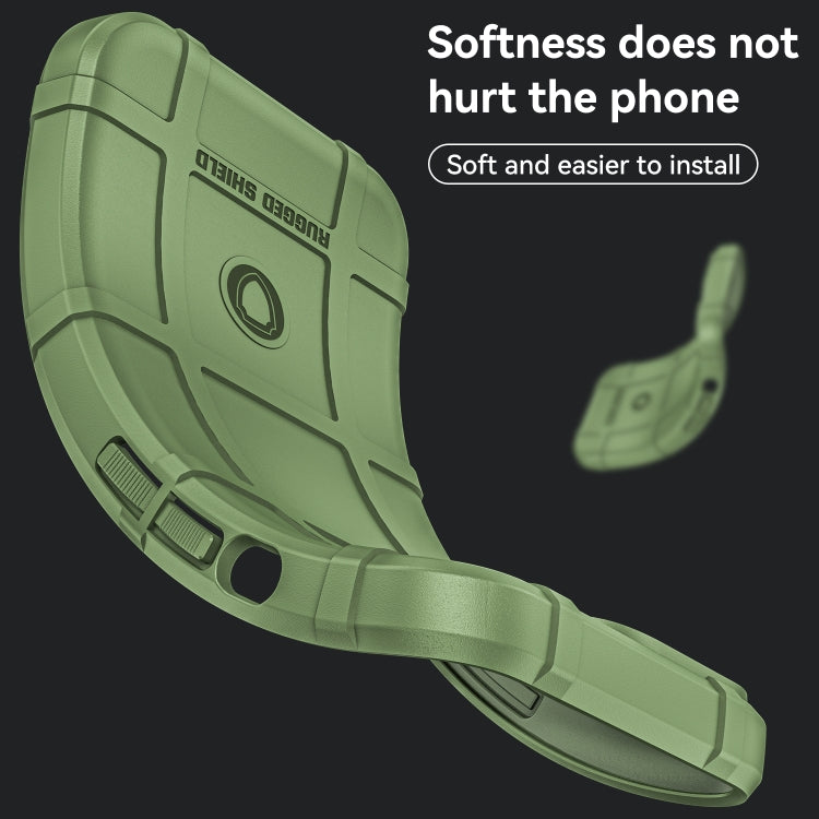 Green rugged TPU phone case angled showing side grip and corner protection