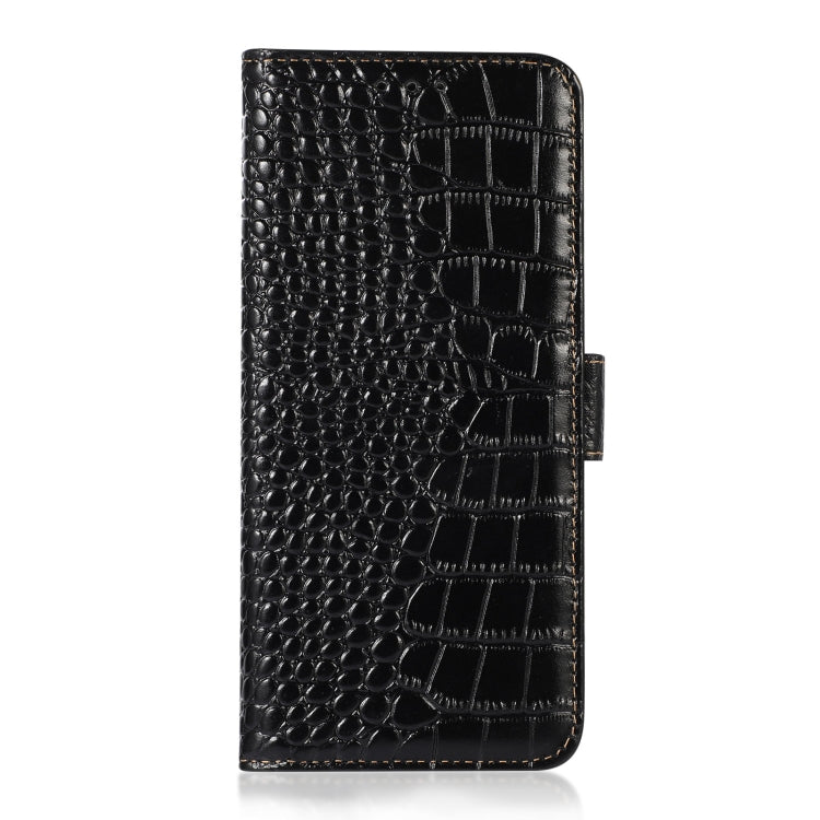 Black crocodile-embossed leather phone wallet case, front flip cover view