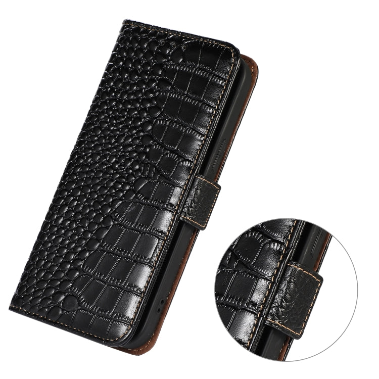 Black crocodile-embossed leather phone wallet case with side buckle