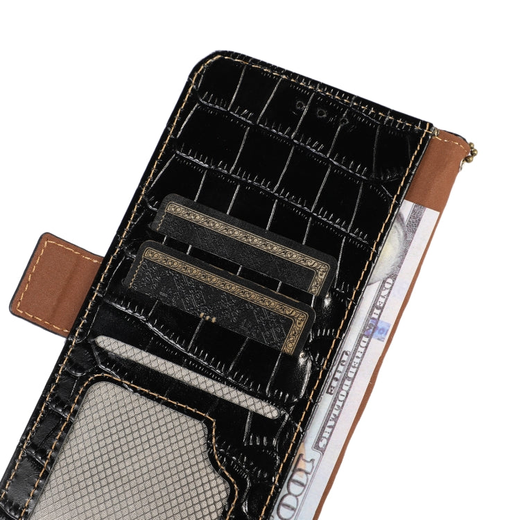 Black crocodile-embossed leather wallet interior with multiple card compartments