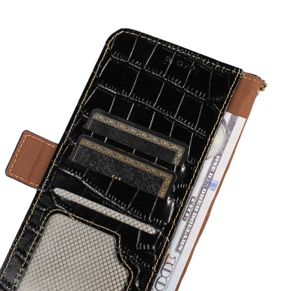 Black crocodile-embossed leather wallet interior with multiple card compartments