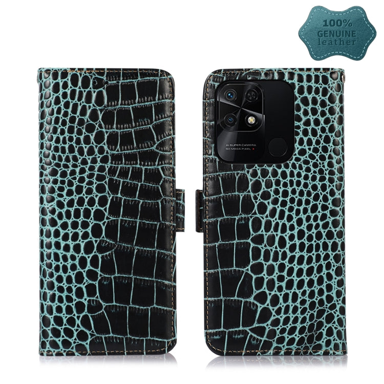 Teal crocodile-embossed leather flip phone case with clasp, open front and back halves