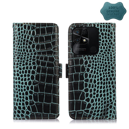 Teal crocodile-embossed leather flip phone case with clasp, open front and back halves